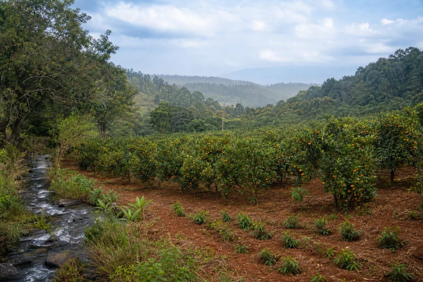 Orange orchard and stream in Killiyur Valley near Yercaud
